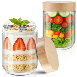 Tecohouse 2 Pack 16 OZ Overnight Oats containers with Bamboo Lids, Chia Pudding Jars with lids, Mason Glass Cosmetic Jars with Airtight Lids For Salad, Meal Prep Food Storage, Snacks, Spice, Yogurt