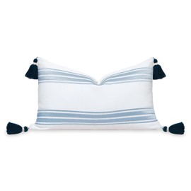 Hofdeco Premium Coastal Patio Indoor Outdoor Lumbar Pillow Cover Only, 12"x20" Water Repellent for Backyard, Couch, Baby Blue Embroidered Stripes with Tassels