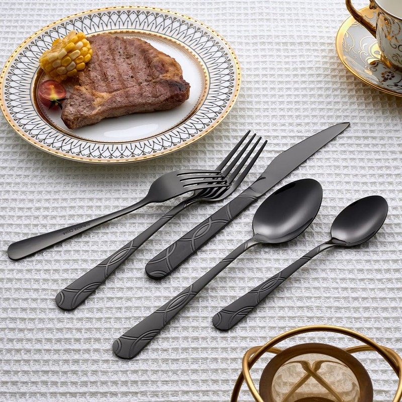 GoGeiLi 40-Piece Black Flatware Set, Stainless Steel Cutlery Set Service
