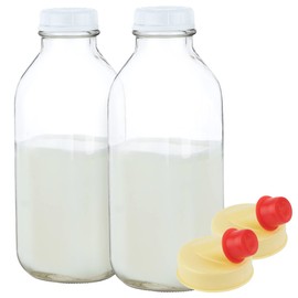 Kitchentoolz 33 Oz Square Glass Milk Bottles with Lids, Perfect Glass Milk Container for Refrigerator - 1 Liter (33 Ounce) Glass Milk Jugs with Tamper Proof Lid and Pour Spout - Pack of 2