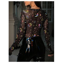 Floerns Women's Long Sleeve Crop Tops Galaxy Reflective Streetwear Mesh Tee Shirts Multicolor Small