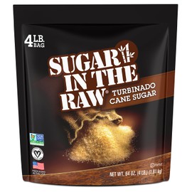 IN THE RAW Sugar In The Raw Granulated Turbinado Cane Sugar, No erythritol, Pure Natural Sweetener, Hot & Cold Drinks, Coffee, Cooking, Baking, Vegan, Gluten-Free, Non-GMO, Bulk Sugar, 4lb Bag (1-Pack)