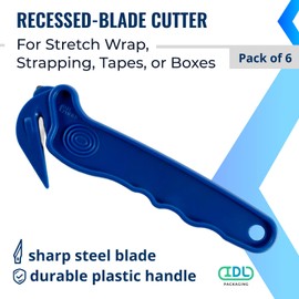 IDL Packaging CN-158 Recessed-Blade Cutter for Stretch Wrap, Plastic & Cord Strapping, Tape, Box (Pack of 6) - Plastic Tool with Sharp Blade - Disposable Film Cutter with Ergonomic Handle