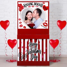 Wonderjune Valentine's Kissing Booth 54.33 x 28.35 x 12.99 inches Cardboard Kissing Booth Stand Valentines Photo Prop Decorative Ticket Booth Kissing Booth Sign for Carnival Party Decorations Outdoor