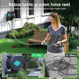 HVNPSH Retractable Garden Hose Reel, 1/2" x 100 ft Automatic Garden Hose Reel on Metal Spike, Any Length Lock, Automatic Rewind Slow Recovery System，with 360° Rotation to Reach All Areas of Your Yard