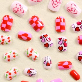Valentine's Day Press on Nails Short Square Red Heart Fake Nails Red Valentine's Day Nails with Heart Design Glossy False Nails Acrylic Full Cover Glue on Nails Stick on Nails for Women and Girls 24Pc