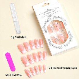 Long False Nails French Tip - 24PCS Pink Fake Nails with Glue - Rhinestones & Butterflies Stick on Nails - Coffin Press on Nails - Strong Nail Tips and Glue on Nails Long Lasting
