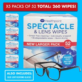 Healthpoint Glasses Wipes & Blue Light Blocking Glasses - 260 Individually Wrapped Lens Wipes - Also Suitable for Cameras, Binoculars & Smartphone Screens (5 Extra Value Packs of 52 = 260 Wipes)