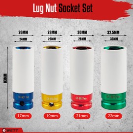 WETT 4Pcs 1/2 Inch Lug Nut Socket Set, Wheel Protector Thin Wall Deep Impact Socket, CR-MO Steel, 6 Point, Metric, 17mm, 19mm, 21mm, 22mm, Plastic Socket Lug Nut