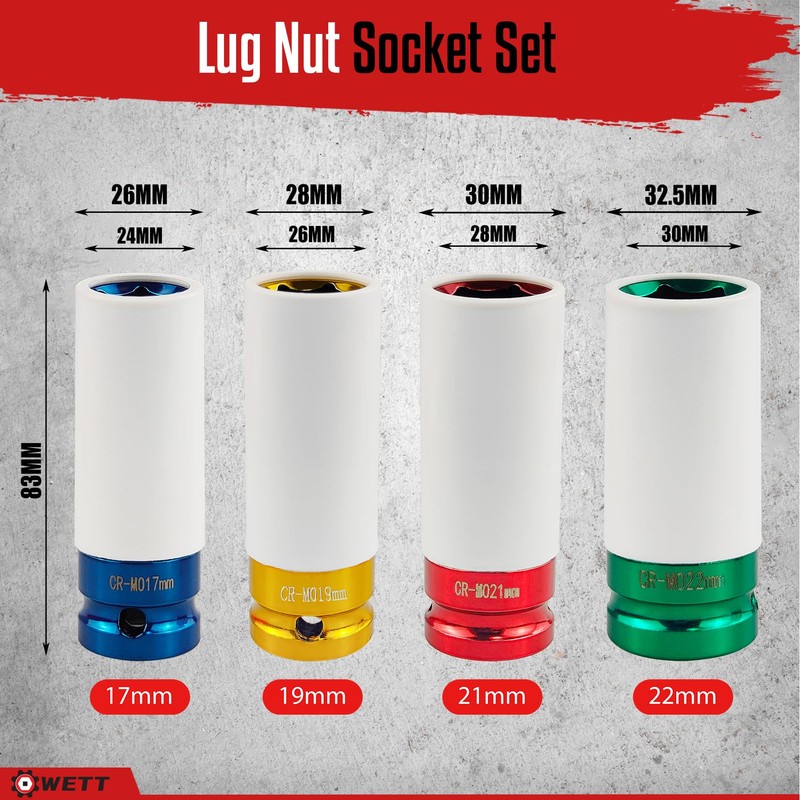 WETT 4Pcs 1/2 Inch Lug Nut Socket Set, Wheel Protector