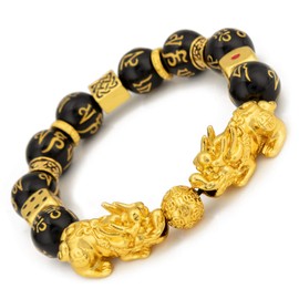 ZenBless Feng Shui Black Obsidian Bracelet Pixiu Bracelet for Women Men Feng Shui Bracelet Prosperity Double Pi Xiu/Pi Yao Black Mantra Bead Bracelet with Golden Dice Attract Wealth and Good Luck 14mm