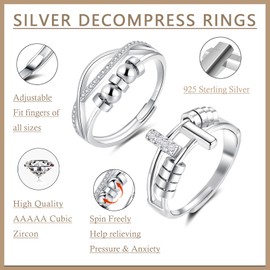 Deyanse Silver Anxiety Ring for Women, 2 Pieces 925 Sterling Silver Anti-Stress Ring Set, Anxiety Rings with Pearls Zirconia, Open Adjustable Spinner Fidget Rings, Rotating Decompression Ring for