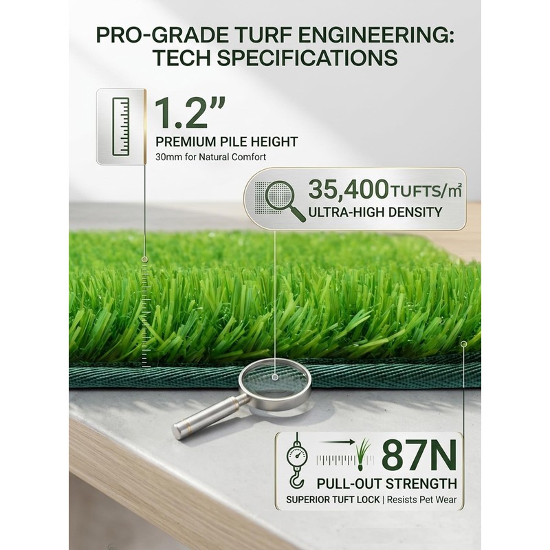 Pawhoo 1.2'' Thick Woven Fake Grass Mat for Dog, Glue-Free