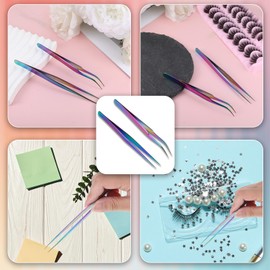 2PCS Tweezers for Crafting, Stainless Tweezers Multicolor Pieces Straight and Curved Tip Tweezer Eyelash Extension Tweezer for Eyelash Extensions, False Lash Application,Jewelry Making Nail DIY Art