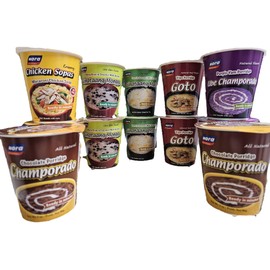 Generic Nora Pack of 12 Chocolate Champorado 2, Chicken Sopas 2, Ginataang Monggo 2, Ginataang Mais 2, Beef Goto 2, Ube Champorado Net Wt 2.6oz Each