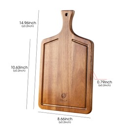 Acacia Wood Cutting Board with Handle for Meat, Vegetables, Bread- Decorative Wooden Serving Board with Juice Groove for Kitchen and Dining Room,15” x 9”