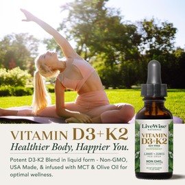 LiveWise Naturals Vitamin D3 with K2 Liquid Drops, All Natural, Non-GMO, USA Made, 1208 IU Vitamin D3 & 25 mcg K2, Supports Bone Health and Energy Levels, Infused with Peppermint, Olive, and MCT Oil