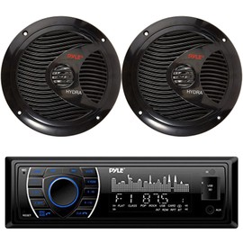 Pyle Single DIN Marine Bluetooth Receiver, 2x Pyle 6.5" 150W Waterproof Speaker