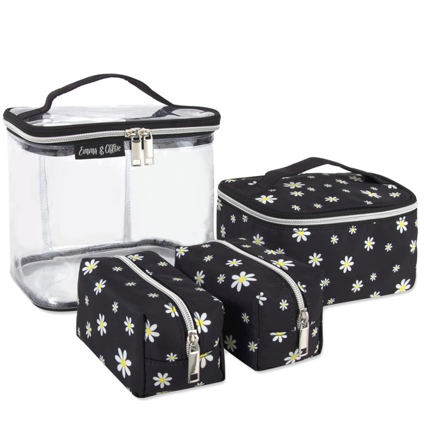 Emma & Chloe 4 Piece Cosmetic Toiletry Bag Set, Waterproof Home, Travel Cosmetic Train Case Makeup Bags for Women with Zipper (Dash of Daisies)