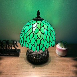 enjoy decor lamps Tiffany Mini Table Lamp Green Stained Glass Green Leaves Dragonfly Base for Living Room Bedroom Bedside 8" W*8" D*12" H