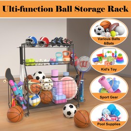DreamOak Sport Equipment Organizer, Garage Ball Storage Racks - Outdoor Toy Storage with 2 Side Racks & Removable Baskets, Heavy-Duty Garage Rolling Ball Cart with Wheels, Hooks for Sports Gear, Toys