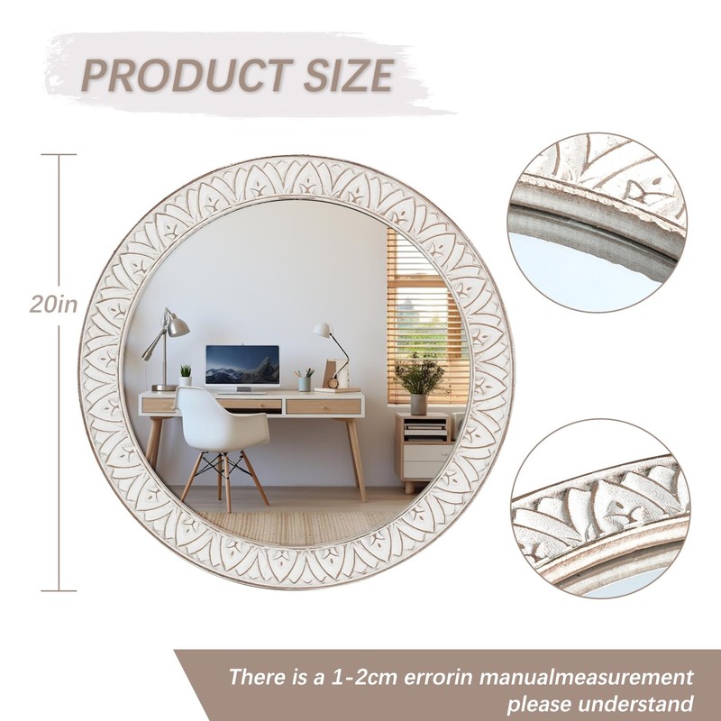 fuxuiwy 20" Round Rustic Mirror Wooden Frame Circle Mirrors, Distressed
