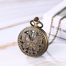 JewelryWe Father's Day Gift Pocket Watch Men's Retro Airplane/Owl/Indian Old Man/Cross Chain Watch Analogue Quartz Watch Pendant with Necklace Chain Bronze Gift for Men, Bronze Butterfly, vintage