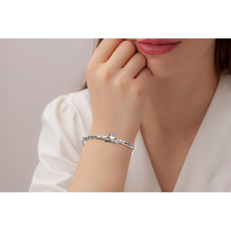 Sterling Silver Irish Claddagh Celtic Knot Bangle Bracelet
