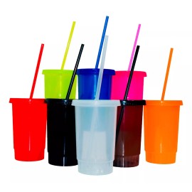 Plastico 10 Vasos De Plástico Reutilizable 16 Oz + Tapa Y Popote