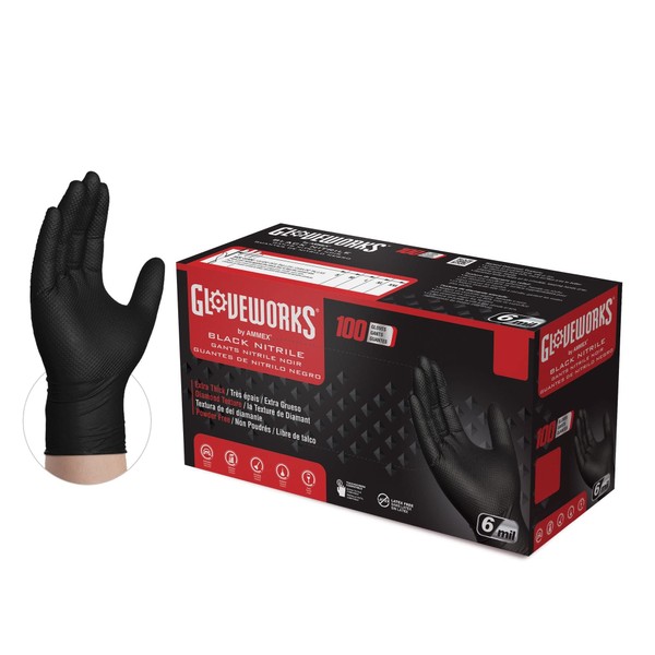GLOVEWORKS HD Black Nitrile Industrial Disposable Gloves, 6 Mil, Latex-Free, Raised Diamond Texture, XX-Large, Box of 100