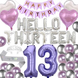 13th Birthday Party Decorations Hello Thirteen Birthday Party Balloons Silver 13th Birthday Tiara Sash Happy Birthday Banner for 13 Year Old Girls Birthday Party Supplies (Purple)
