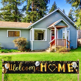 Buryeah 2 Pcs Welcome Home Banner Reunion Welcome Home Banner Decorations Kit with Homecoming Backdrop Fabric Welcome Backyard Sign Black Gold Homecoming Banner