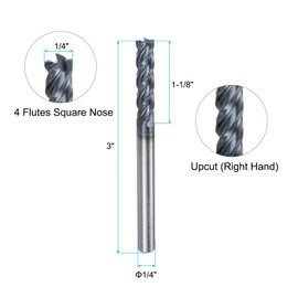 sourcing map Carbide Square End Mill, 1/4" Diameter TiAlN Coated 4 Flutes Milling Bit Cutter, for Hardened Steel Stainless Steel Alloy Metal, 1/4" Shank 1-1/8" Cut Length 3" Long HRC50