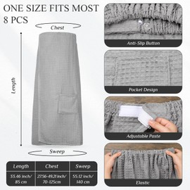 Tigeen 8 Pcs Waffle Body Bath Wrap for Women Knee Length Bath Towel Wrap with Pocket Adjustable Closure for Spa Shower (Grey)