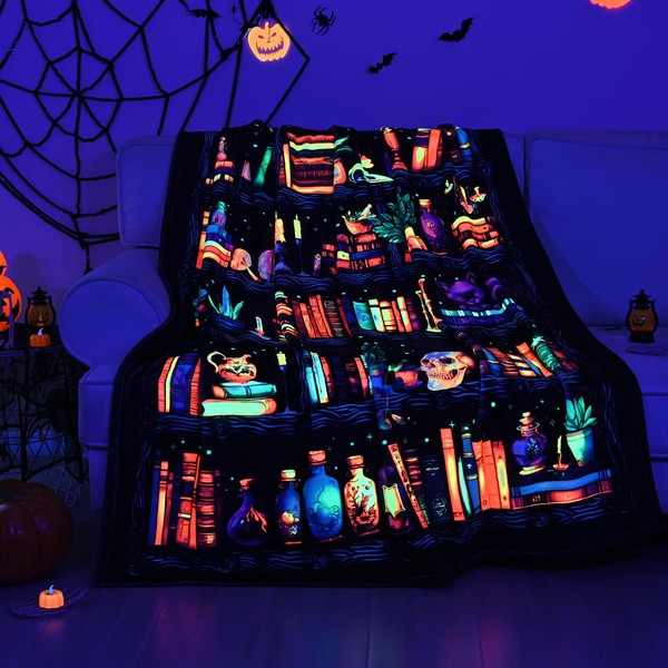Likiyol Blacklight Halloween Throw Blanket, Skull Halloween Blanket Magic Book