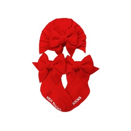 Red Infant Baby Socks Cap Set, Girls Bow Flower Short Socks Warm Hat for Autumn (MZ12) (Red)