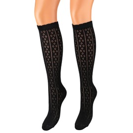 Piarini Dirndl Stockings Women's Long Costume Knee Socks with Crochet Look Cotton Long in White Black Size 1 Pair 35-38, 39-42. - 35-38