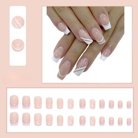 French Press on Nails, Short Square False Nails, for Sticking, Pack of 24 French Fake Nails, Short Press on Nails, Square False Nails for Women and Girls