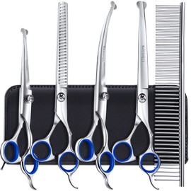 Gimars 6 in 1 Dog Grooming Scissors Kit, Professional 4CR Stainless Steel Dog Scissors with Safety Round Tip for grooming, Titanium Coated Sharp and Heavy-duty Dog Grooming Shears - Blue