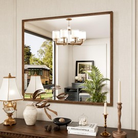 JISOSO Rectangle Bathroom Mirror 40x36 Inch, Walnut Wood Grain Framed, Anti-Rust & 4mm Tempered Glass, Horizontal/Vertical Hanging Vanity Mirror for Bathroom & Bedroom