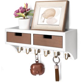 Key Holder Wall Mount with 2 Drawer Organizer : Decorative 2-Color Mail Organizer for Wall with 6 Hooks - Farmhouse Home Organization for House Decor (White & Retro Brown)