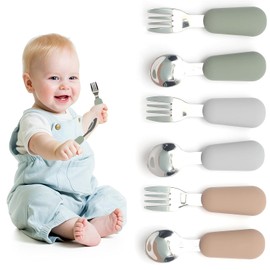 Juego de 6 Cubiertos para Niños pequeños,cubiertos de Acero inoxidable para niños con mango de silicona de calidad alimentaria de sin BPA,Vajilla adecuada para entrenar la prensión del bebé