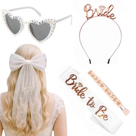 5Pcs Bride Accessories for Hen Do Party, Bachelorette Party Accessories Set with Bride to Be Sash Bow Veil Tiara Sunglasses Wristband for Women Bridal Showers Wedding Anniversaries