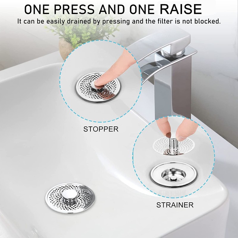 Bathroom Sink Plug with Hair Strainer, Universal Pop Up Drain