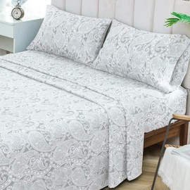 KACEMOO Bed Sheets Twin Size Light Gray Paisley Sheets Printed Floral Sheet Set Flower Pattern Deep Pocket Fitted Bed Sheet Set Microfiber Soft Breathable 1800 Thread Count Single Bedding Set