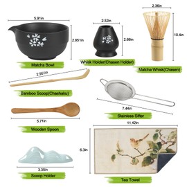 WPKLTMZ Matcha Set, 8 Pcs Japanese Matcha Kit, Matcha Bowl with Spout, Matcha Whisk and Holder for Ceremony, Matcha Tea Set with Spoon and Tea Towel, Gift for Matcha Lovers