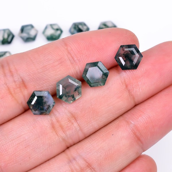 4pcs, 8x8x4mm Natural Moss Agate Hexagon-Step Cut Gemstone Wholesale Lot,