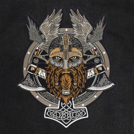 ATHIPATCHES Viking Warrior, Thor Hammer, Twin Axes, Ravens, Embroidered Biker Back Patch Large for Motorcycle Jacket & Vest, Gray, White, Black, Brown