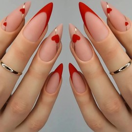 Press on Nails Almond Medium French Tip Red Fake Nails with Love Heart Design, Full Cover Reusable Artificial Acrylic Glossy False Nails Set Women Glue on Nails Stick on Nails for Nail Art 24 Pcs