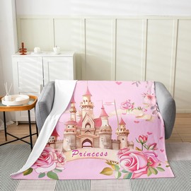 Princess Castle Bed Blanket All Seasons,Dreamy Fairy Tale Romantic Princess Flannel Blanket for Room Decor,Pink Roses Blooming Flowers Fleece Blanket for Kids,Twin 60"x80"